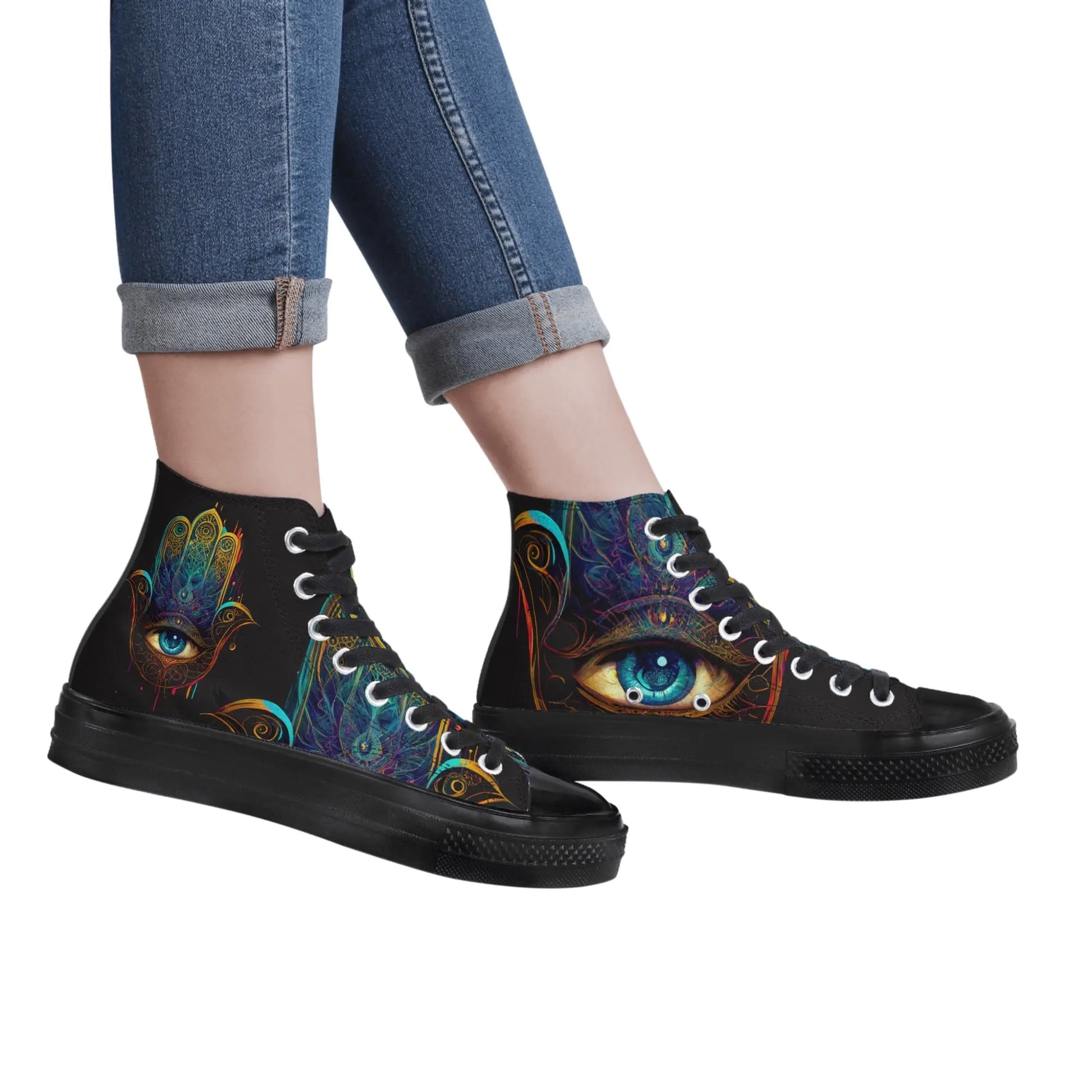 Multicolored Hamsa Black High Top Woman Shoes Customs